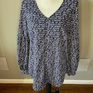 CAbi Navy and White Script Pattern Top